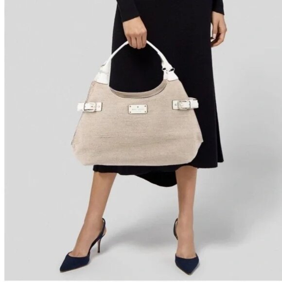 NWOT Kate Spade Women's Beige Canvas White Leather Vanston Dylan Burlap Bag 2252 - Picture 2 of 13